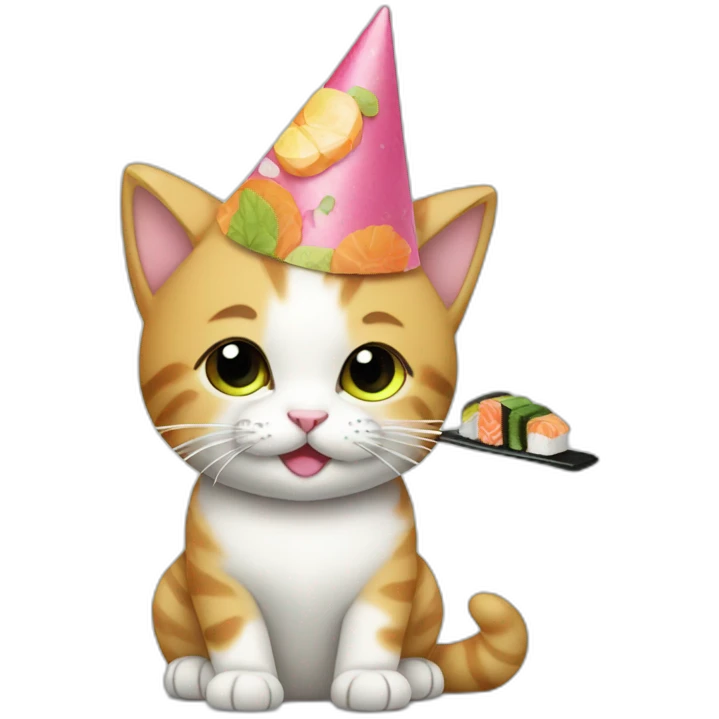 kitten eating sushi with a party hat on emoji