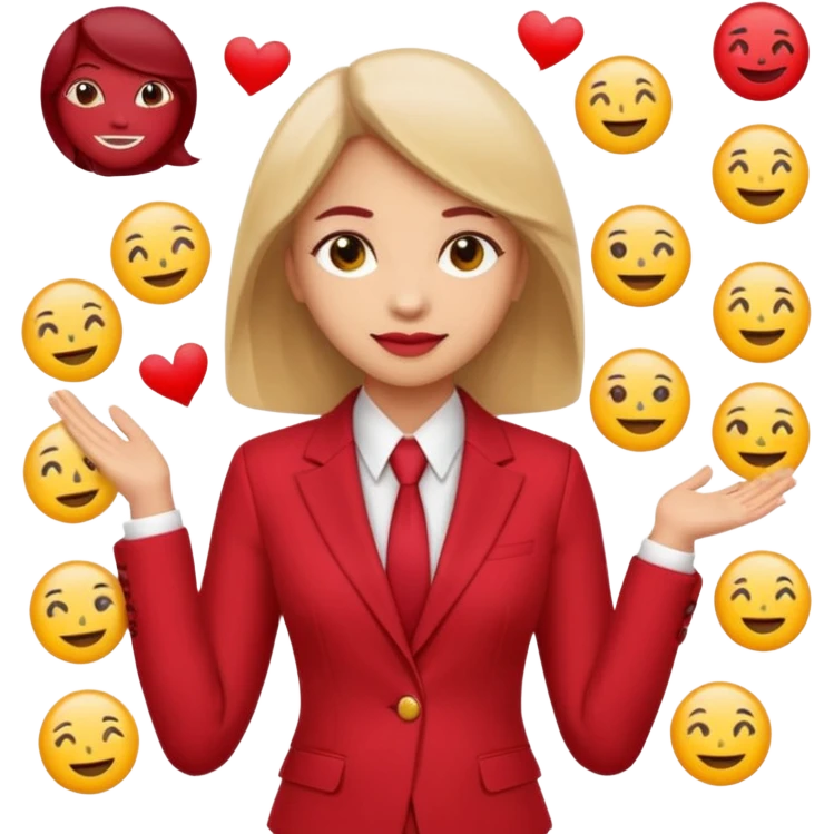 Нужно создать эмоджи пак в цветовой гамме красный, белый и марсала (бардово-фиолетовый). Чтобы все эмодзи были в одном стиле. Желательно деловая девушка в красном костюме, эмоции и разные символы часто используемые, в пакете должно быть более 100 эмодзи  emoji