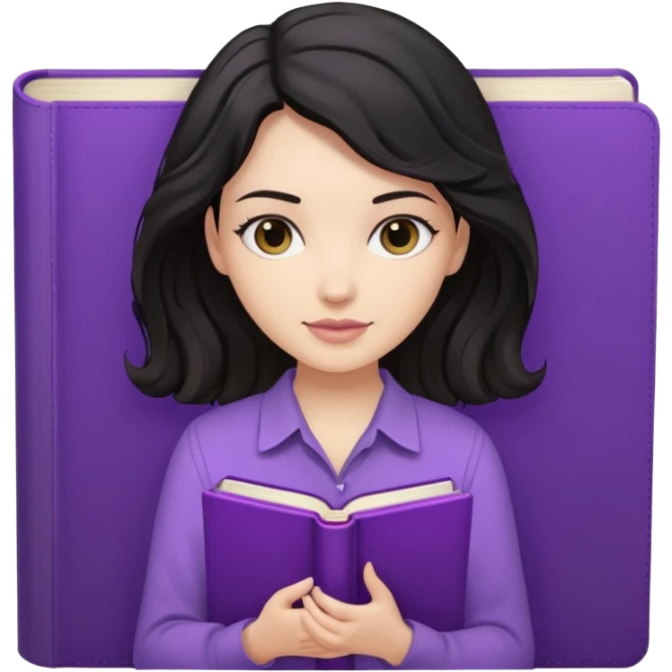 Long Hair Women, with Black dark wavy hair, with purple Book, beige shir, without background emoji