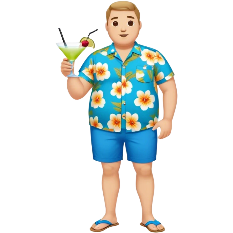chubby guy full figure in a flowered azure havai shirt, brown shorts and flippers holding a cocktail emoji