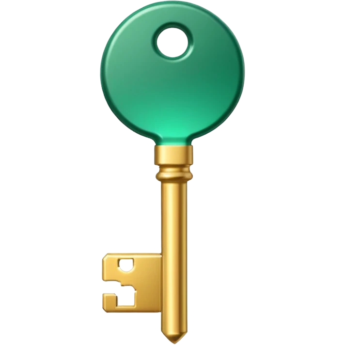 3D key icon with subtle glow effect, modern glossy style, deep green (#0B3D2C) and gold (#C9B037), elegant and minimal, transparent background, premium render emoji