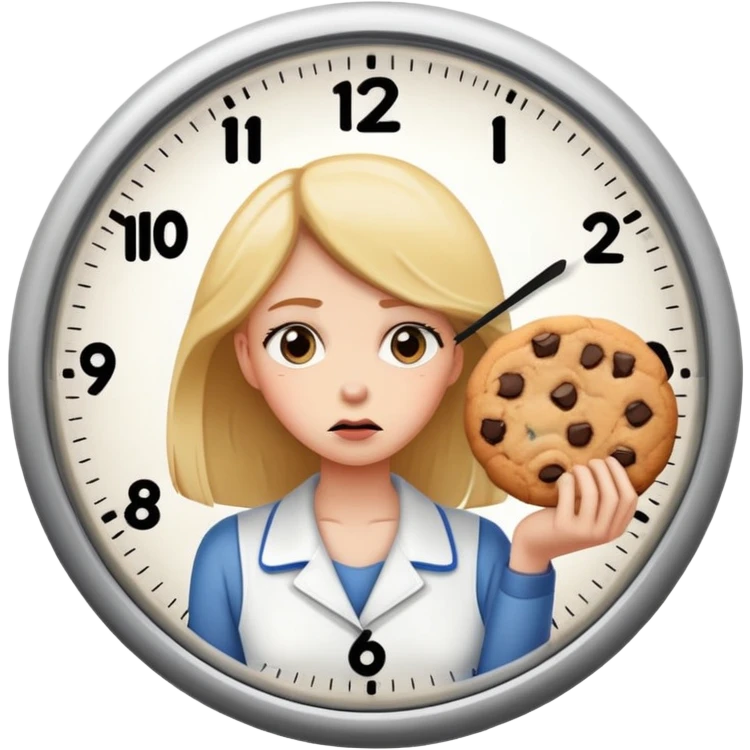 woman waiting hungry and sad  for cookie to be ready, looking on a clock  emoji
