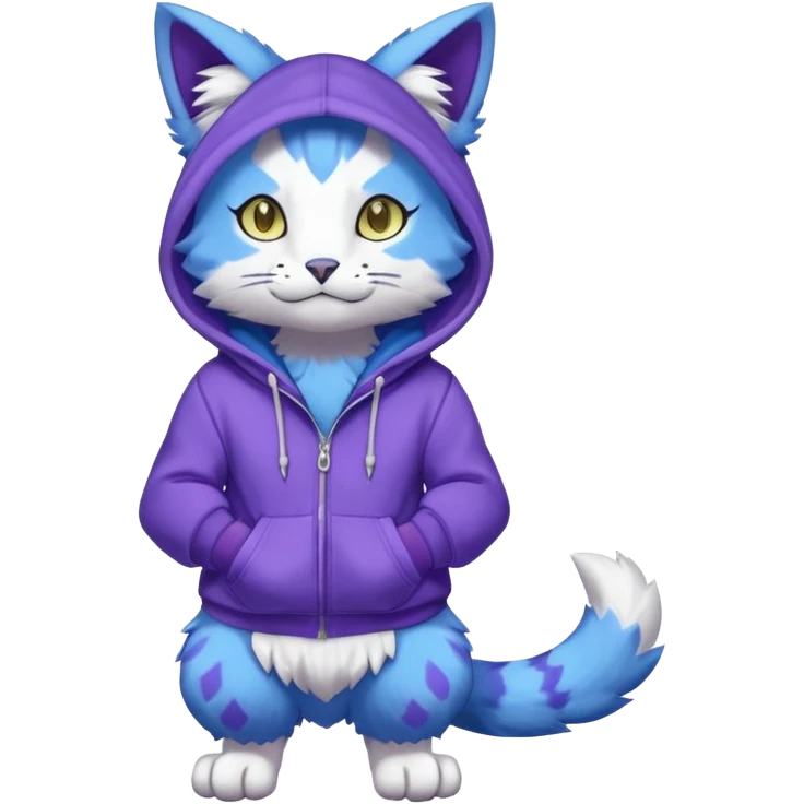 Blue garurumon-purloin-feline-Fakemon-Digimon-creature wearing a violet hoodie fursona (full body)  emoji