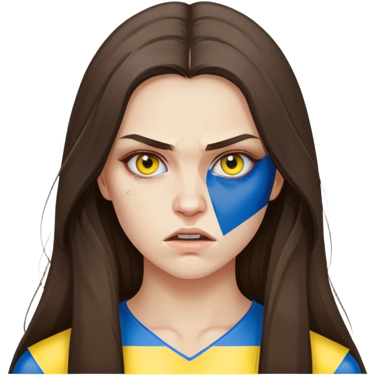 Brunette woman with long hair, Ukrainian flag (blue and yellow) painted on her cheek, angry expression emoji