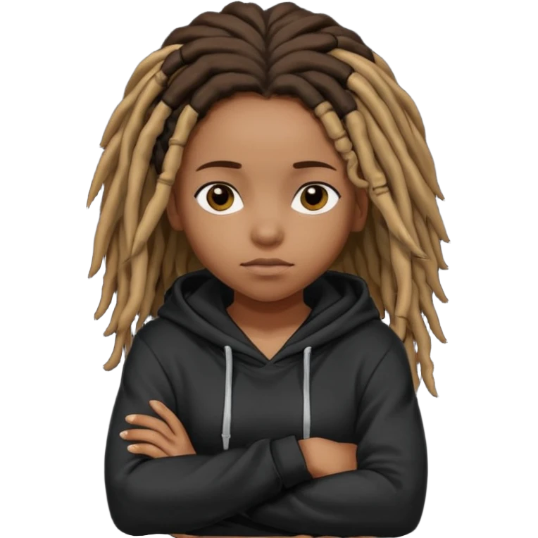 African American girl with dreadlocks wearing a plain black hoodie with her arms folded across her chest emoji