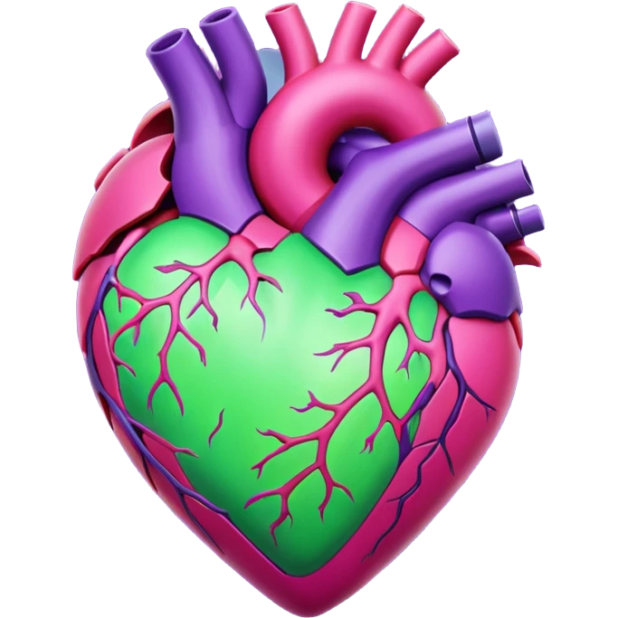 Pulsating heart with purple, hot pink, amber, light green, and dark purple emoji