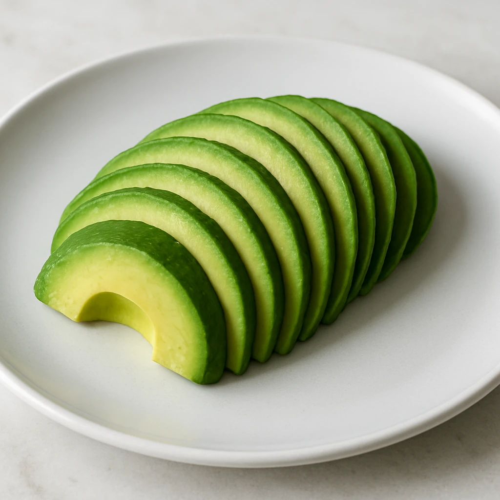 photo realistic sliced avocado fanned out on a white plate emoji