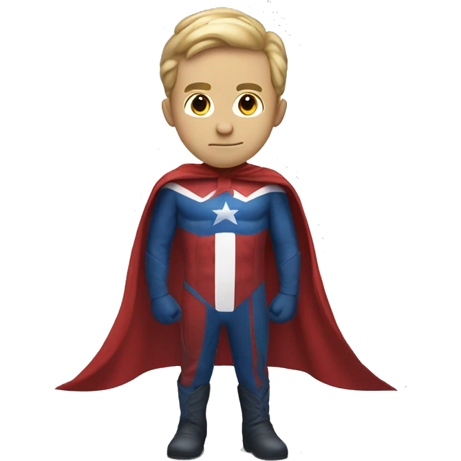 Emoji of Homelander from ‘The Boys’ series. USA flag-inspired costume with cape (red, blue, white). Confident, slightly menacing expression. emoji