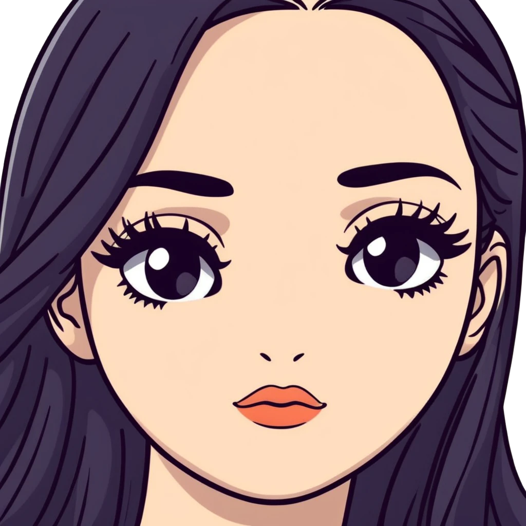 White girl with long oval face, huge round black eyes, big eyelashes, no makeup, natural lips, face closeup, long straight black middle-parted hair emoji