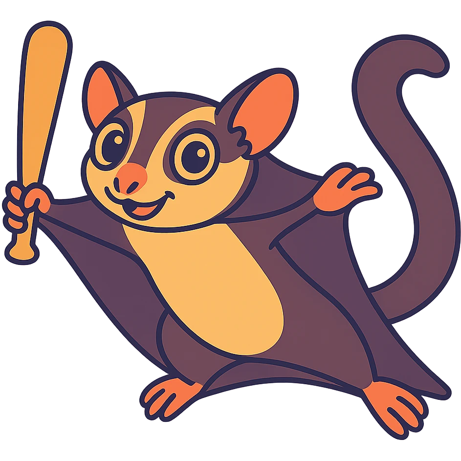 Add a baseball bat to the sugar glider and depict it gliding through the air. Maintain the original style and keep the background transparent. emoji