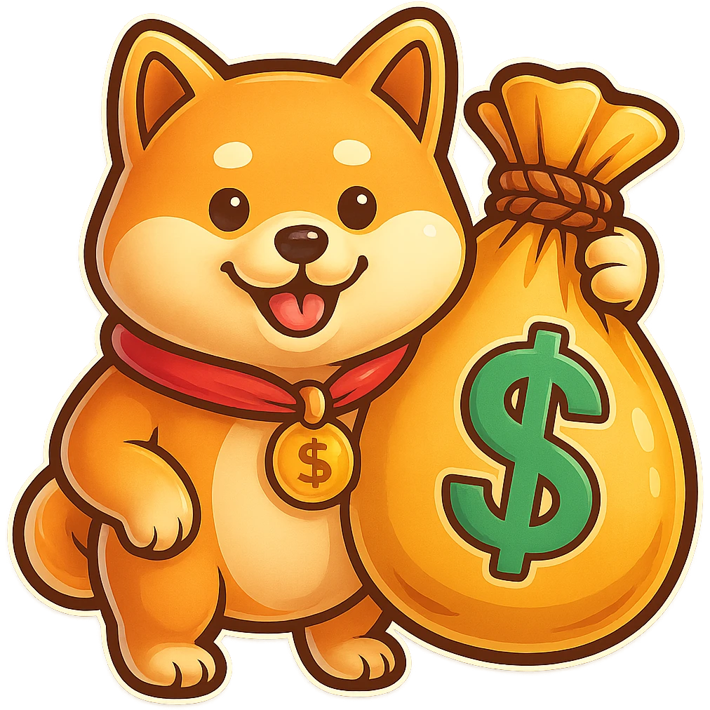 Make the bag of money much bigger while keeping the Shiba Inu and the retro stickers style the same, with no background. emoji