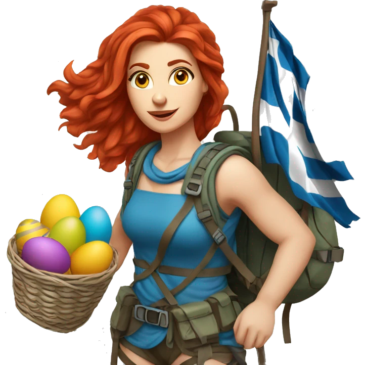 Greek Female winter mountaineer red hair white skin climbing with Greek Flag and Easter eggs basket emoji