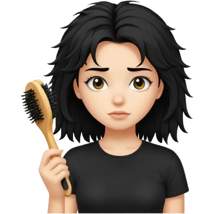 a pretty bratz fair girl with messy shaggy black hair with mascara smudged wearing a tight black tee with a hair brush stuck in hair emoji