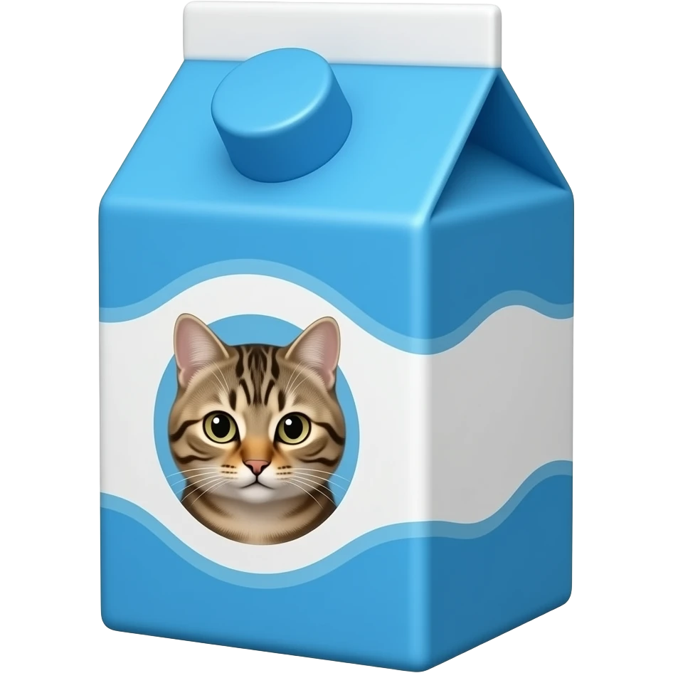 milk carton with blue and white color and with a small circle where is a smalk tabby cat inside emoji