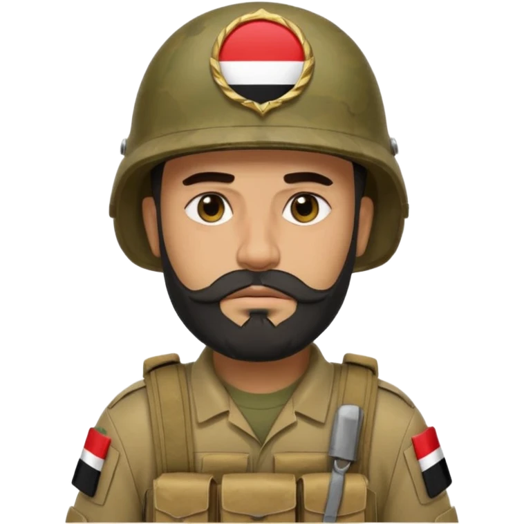 A very tired and sad, swarthy Iraqi soldier with a beard, an Iraqi flag on his helmet, a sad expression and bags under his eyes emoji