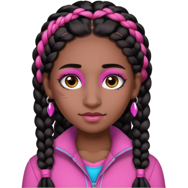 arikan, dark long hair whit pink 
and black braids. brown skin, smal round face and a big nose emoji
