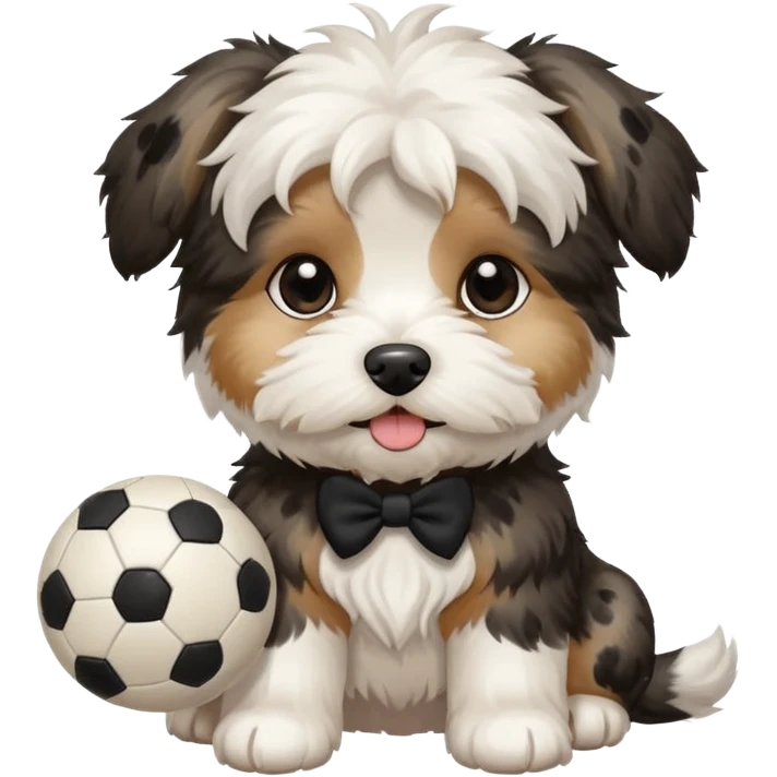 white Havenese with black spots dog standing with small ball emoji