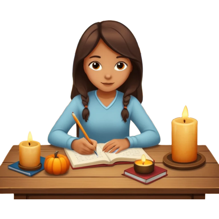 Girl writing in a journal on a desk with a candle on it next to a window with fall scenery emoji