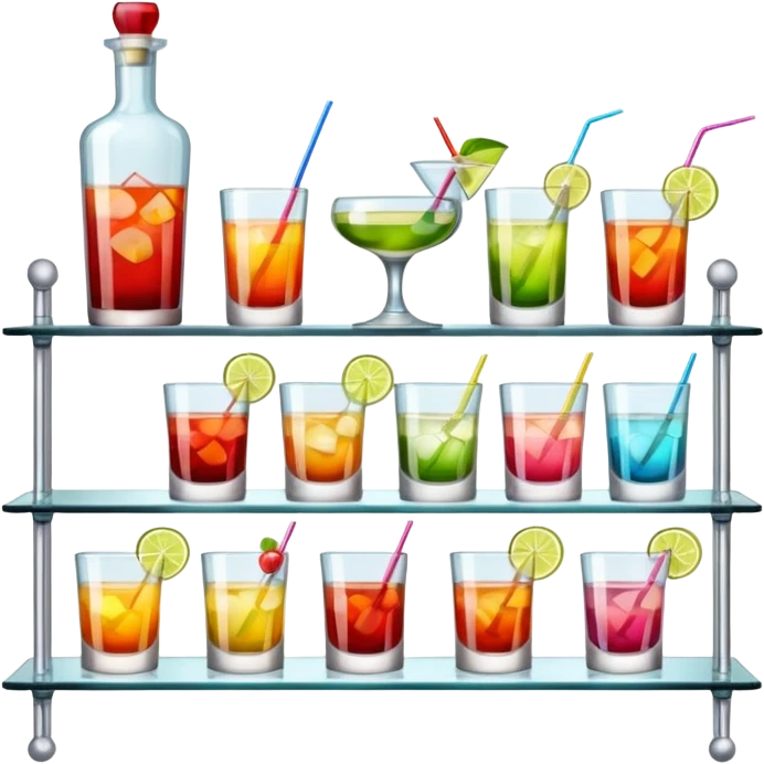 A glass shelf filled with cocktail bottles and fancy drinking glasses.
 emoji