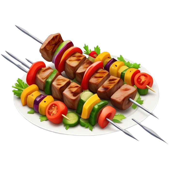 Cinematic Realistic Shish Kebab Dish Emoji, showcasing skewered, grilled meat with vibrant vegetables rendered with dynamic textures and warm, inviting lighting. emoji