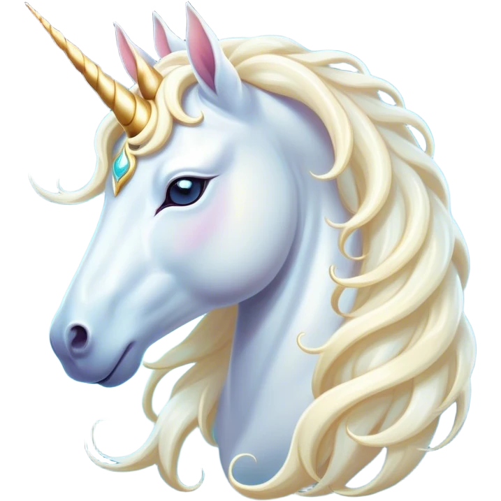 Beautiful and Majestic White Unicorn Portrait Emoji, Head and body exuding serene brilliance with a luminous, flowing mane and a gracefully spiraled horn, eyes gently closed in peaceful reverie, Simplified yet exquisitely enchanting features, highly detailed, glowing with a soft, celestial light, high shine, serene and utterly majestic, stylized with an air of timeless fantasy, soft glowing outline, capturing the essence of a beautiful and majestic white unicorn that embodies the pure magic of legend! emoji
