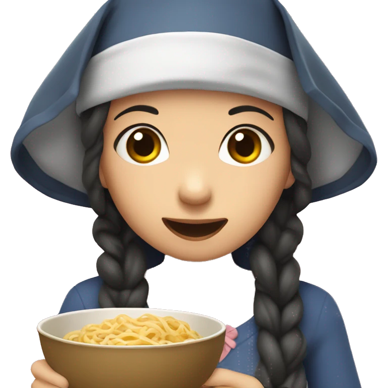Girl eating buldak noodles with a bonnet on emoji