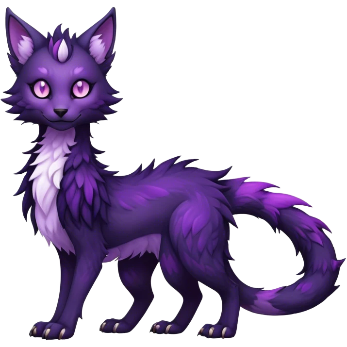 Kawaii dark purplish blackish edgy fantasy ethereal feline-vernid-sergal-fursona animal creature with a tufted tail full body with intricate markings  emoji