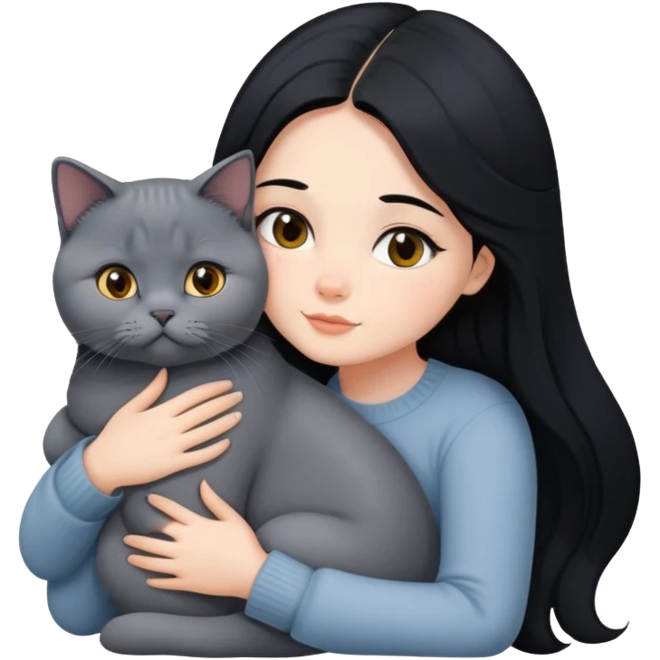 A beautiful girl with long black hair hugs a British Shorthair emoji