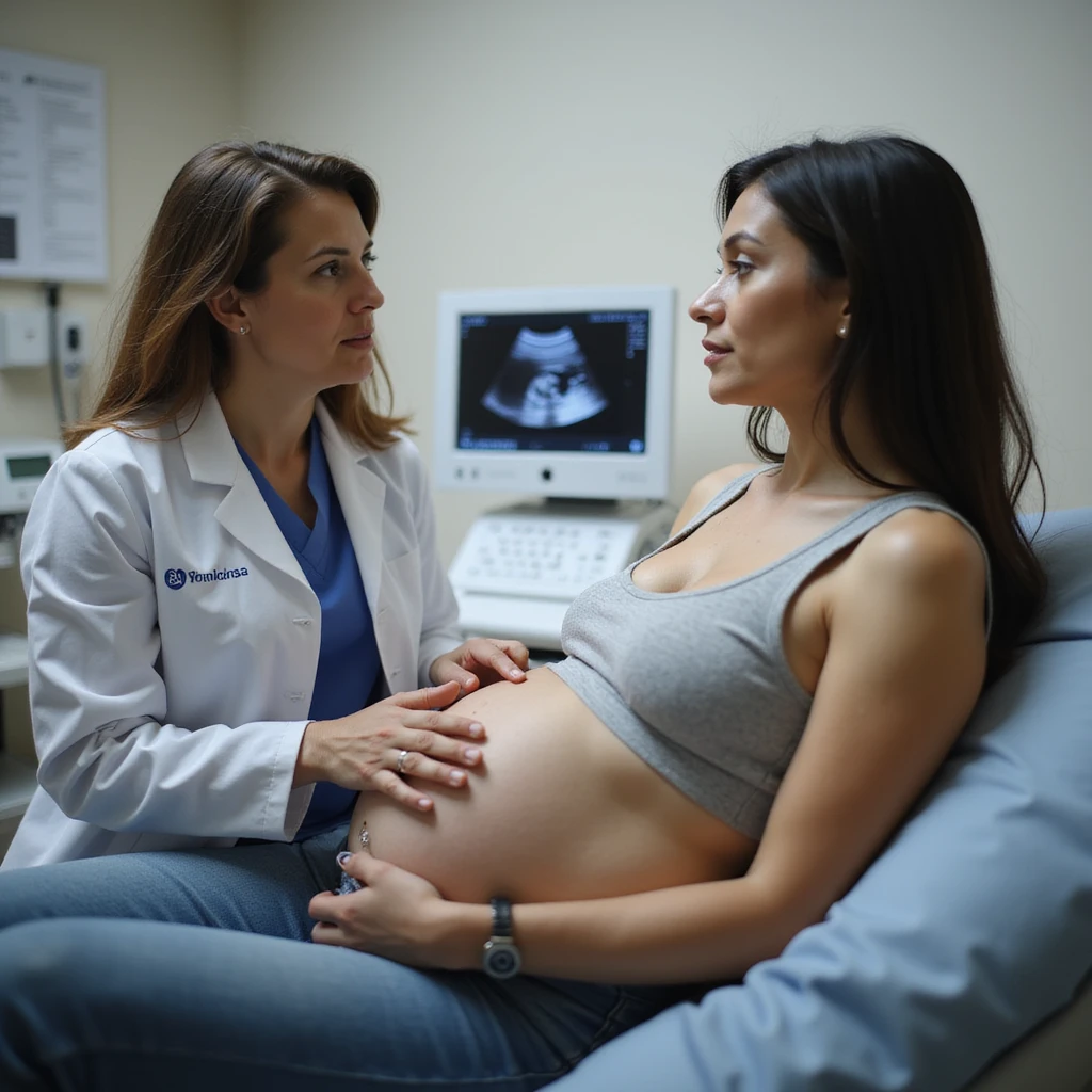 woman undergoing transvaginal ultrasound exam, doctor explaining situation, professional atmosphere, realistic details, gynecological clinic background, 4K quality emoji