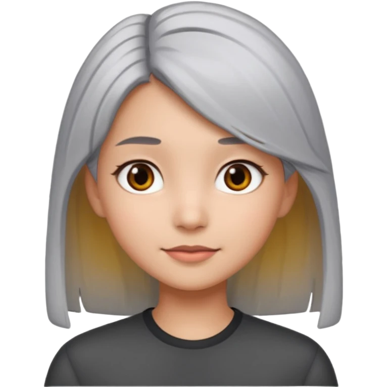 My emoji is fin and have the straight hair and her hair is  light gray hair and her  is dark gray eyes this a girl. She is Eurasian origin emoji