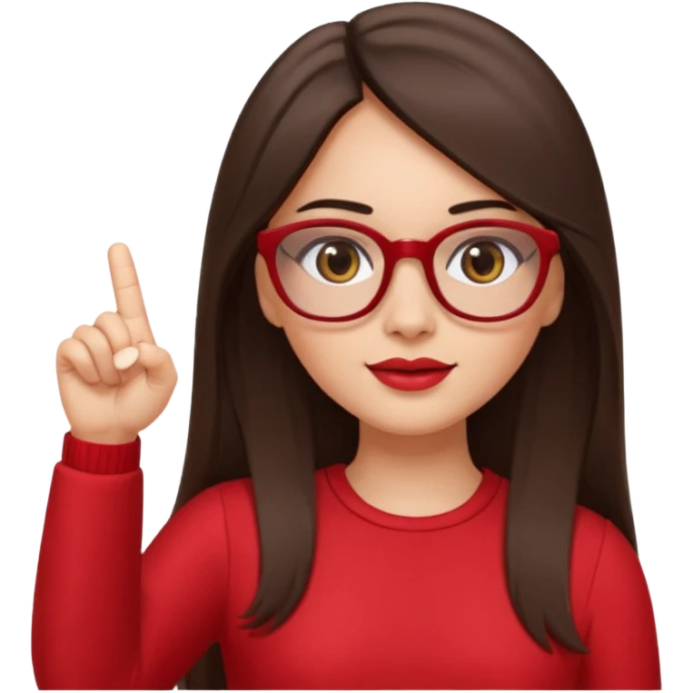 brown-eyed brunette with long straight hair, wearing glasses, with slightly plump lips, pointing with her right hand and finger up to the left, wearing a red dress, hyperrealistic emoji