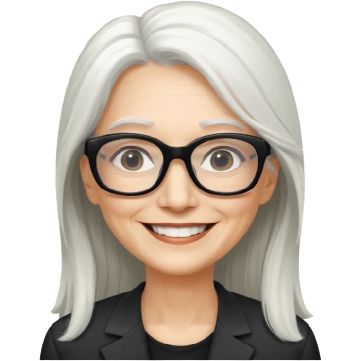 femme 60ans  avec de long cheveux blanc et des lunettes rectangles noir sourrir emoji