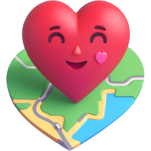 3D emoji style map pin with a heart in the center emoji