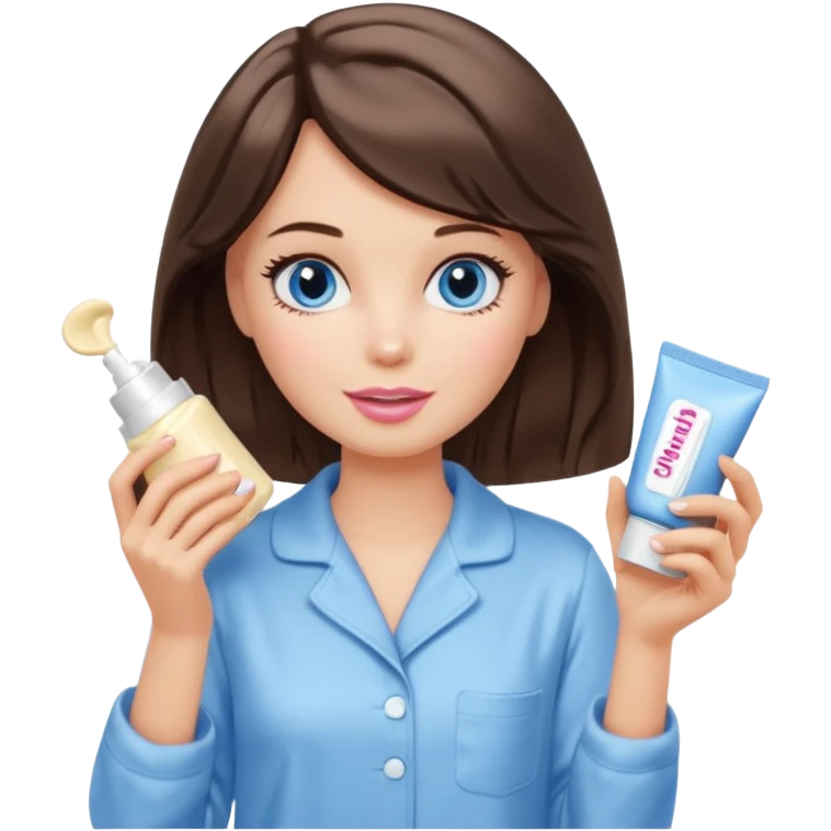 Barbie girl with makeup, blue eyes , and bob long haircut wavy, short brown hair in creamy color pajamas, face cream in hand emoji