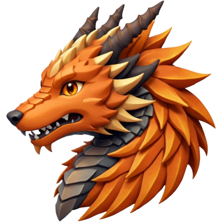 Majestic wolf-like dragon with red sandstone scales and layered plates resembling canyon rock formations. Crystallized mineral mane with copper and gold hues runs down its neck and back. Obsidian claws, amber eyes, and a tail of stone spires. Pokémon style. orange-ish brown fur/scales. emoji
