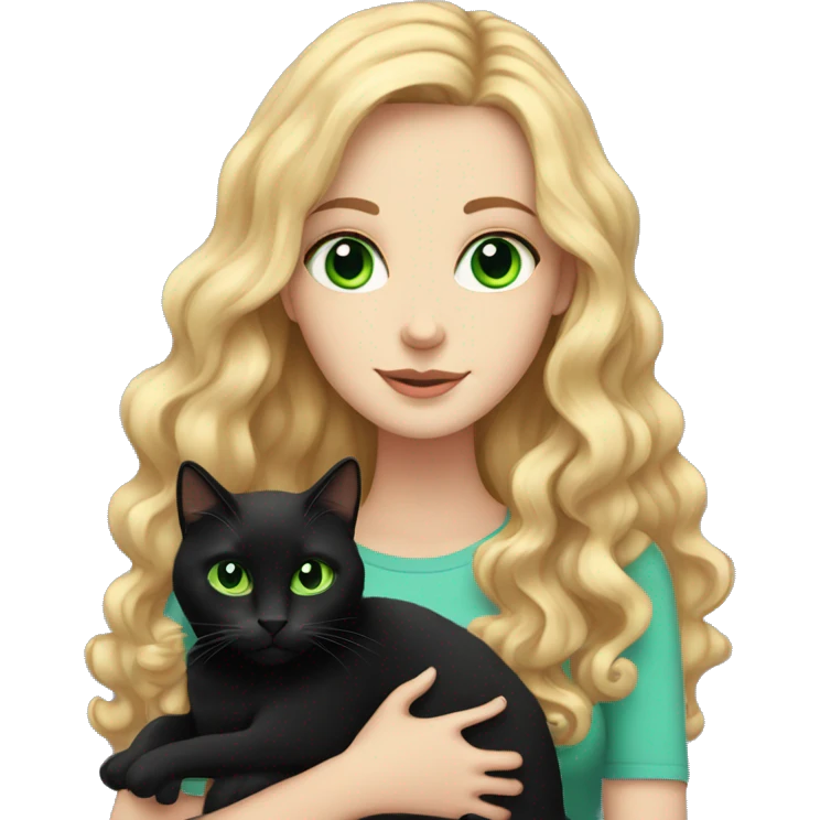White girl with long curly read hair and blue eyes is holding a black cat with green eyes emoji