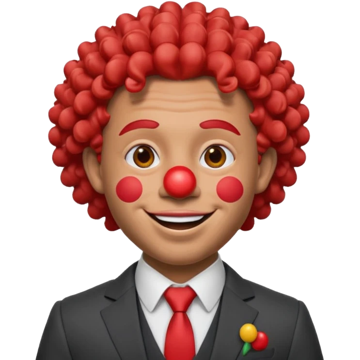 A 3D cartoon man with a red clown nose, smiling expression, wearing a suit, soft lighting, curley hair, realistic Memoji-style. emoji