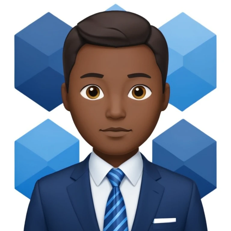 emoji of Korean male executive in navy suit and blue tie, modern blue and white geometric corporate background, showing leadership and trustworthiness emoji