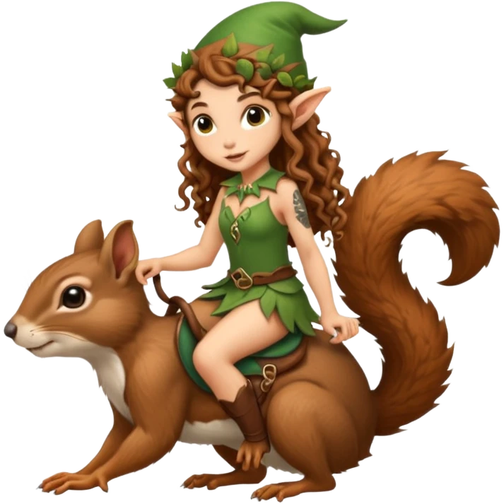 tiny forest elf long curly brown hair tattoos riding squirrel emoji