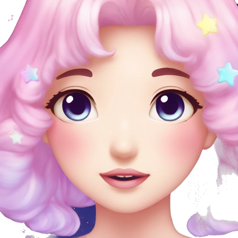 Gorgeous pastel anime style lady blushing nebula gradient sparkle face dreamy idol model colorful shiny stars galaxy kawaii cottagecore pearly petite simplistic aesthetic trending style emoji