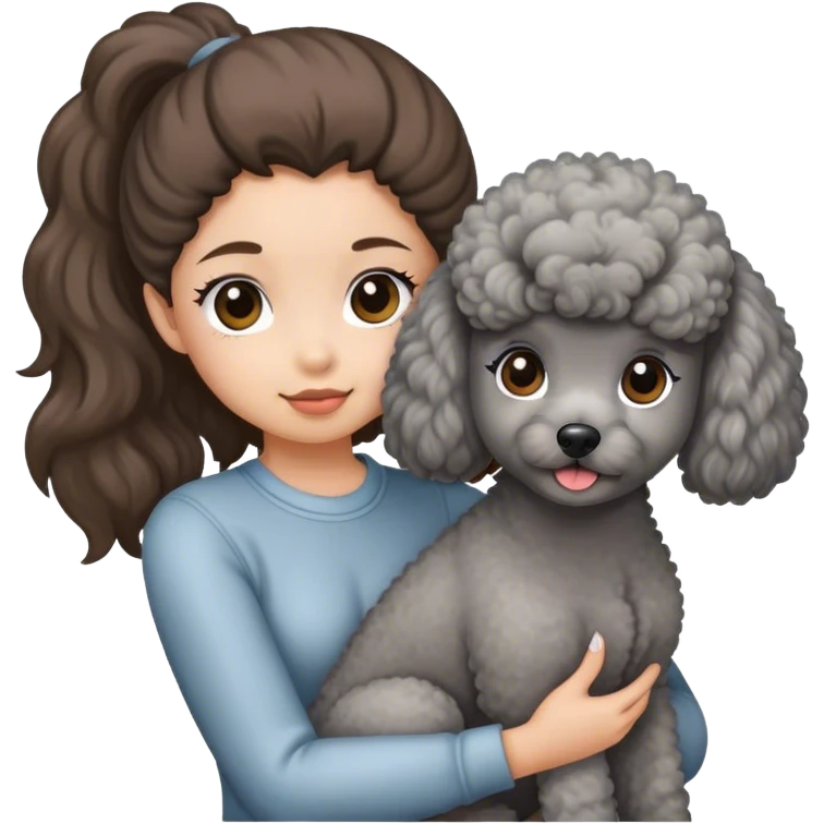 A girl with a brown ponytail holding a grey poodle emoji