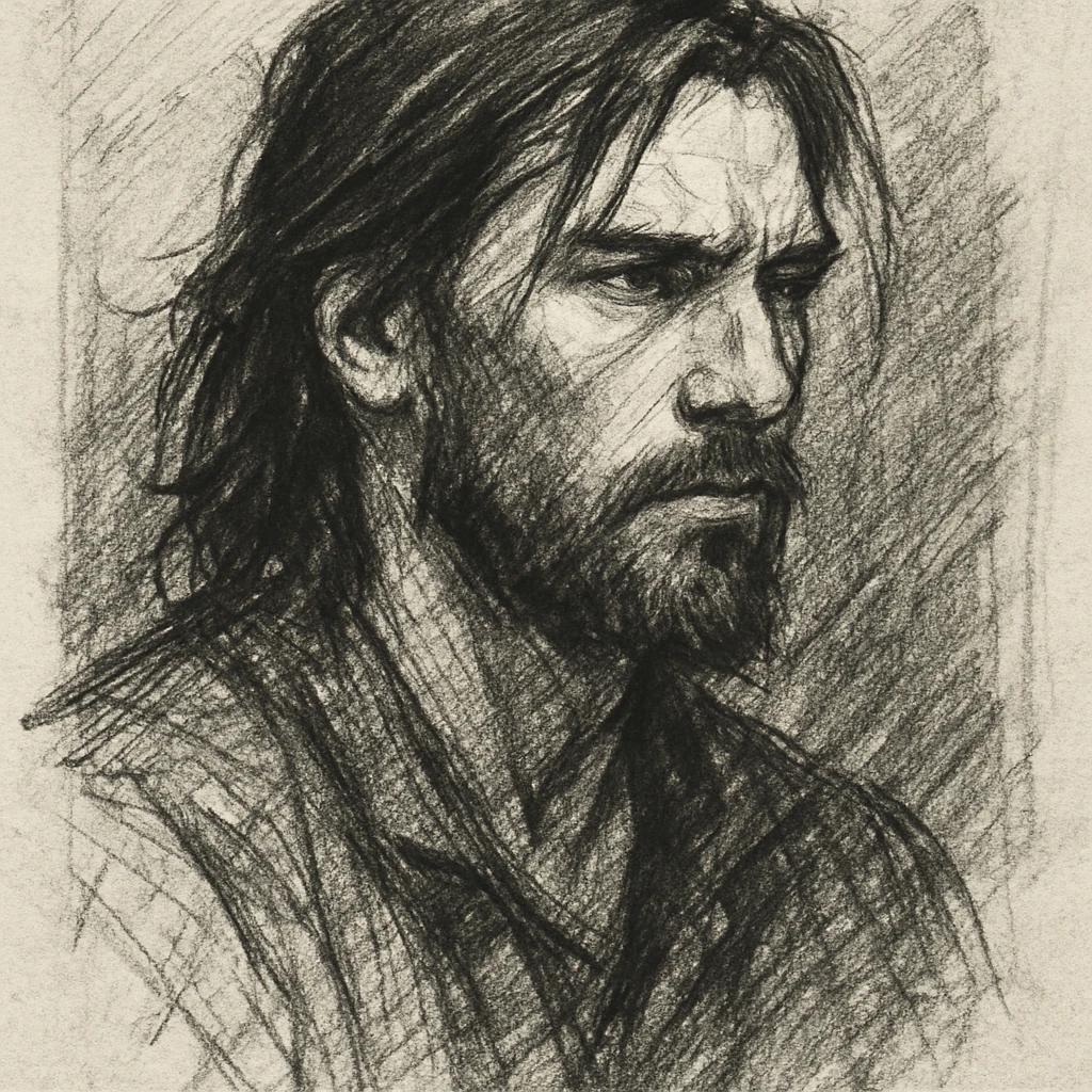 a man with dark long hair and a beard, hand-drawn sketch style emoji