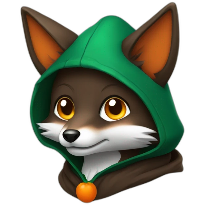 a small dark brown fox with orange eyes with a dark green hood that smile emoji