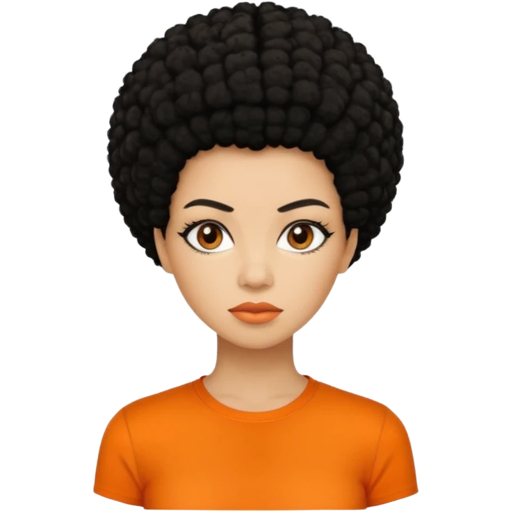 black afro hair in nonsmiling woman with orange shirt emoji