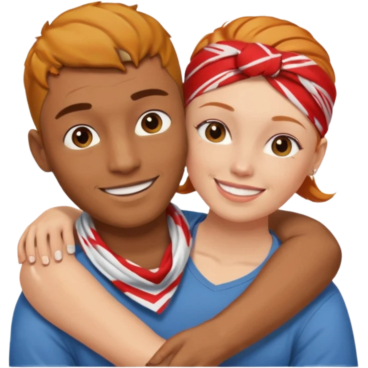 Two people hugging, brown guy with a buzzed cut and bandana, and a white woman with ginger hair emoji