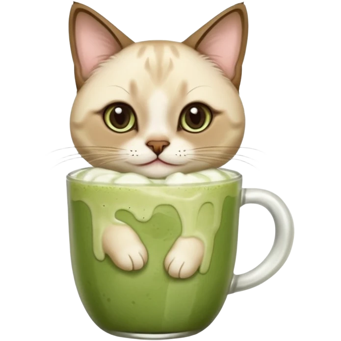 Happy Siamese Cat holding in its paws an iced matcha latte emoji