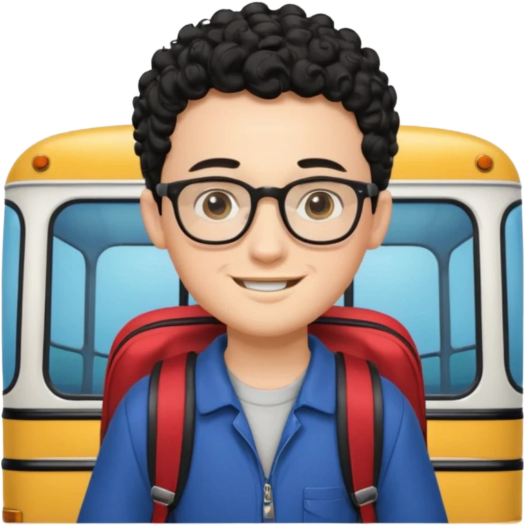 A young boy DEVELOPER WITH A backpack, black curly short hair, wearing glasses, a thin goatee, his skin is white, riding a scholar bus emoji