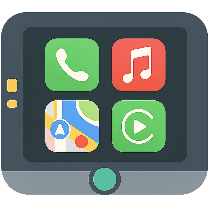 Apple CarPlay interface in a car, modern dashboard, vibrant colors, icon style emoji