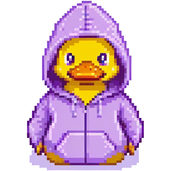 Pixelated rubber duck with a purple hoodie emoji