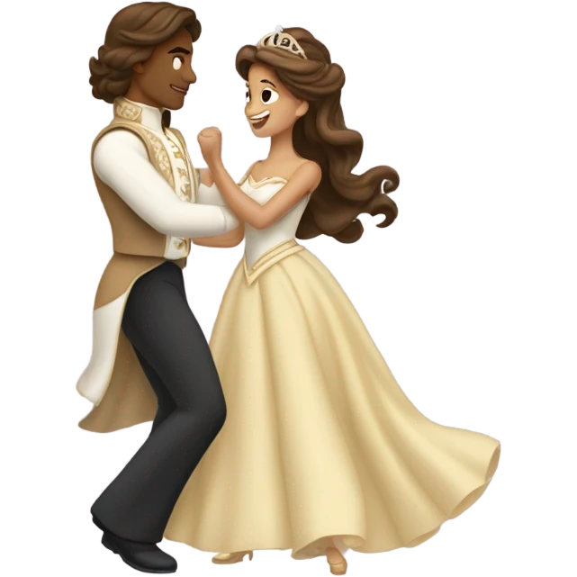a princess with long brown hair and tan skin  dancing with a prince emoji